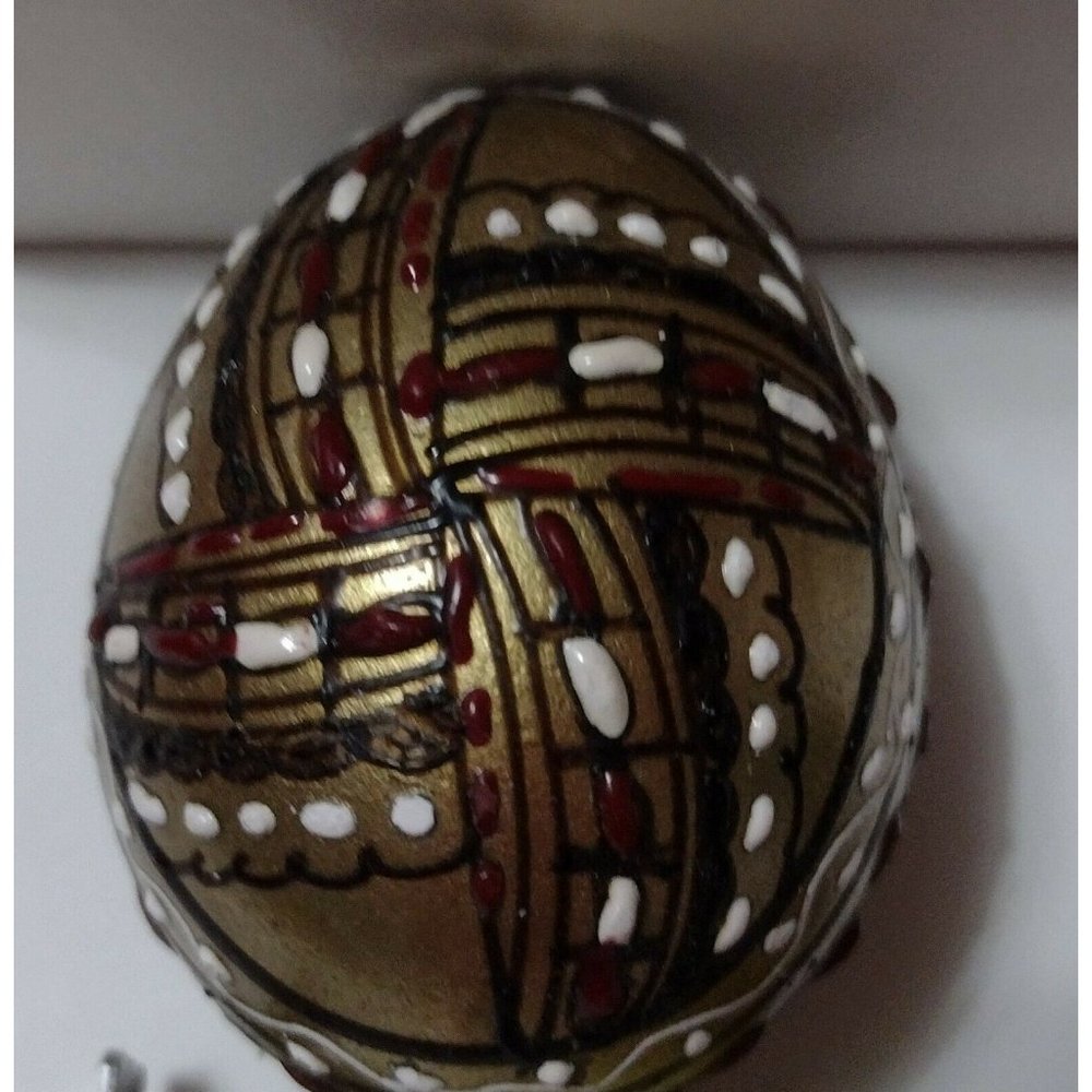 Vintage Romanian Pysanky Hand Painted Real Easter Egg Gold Red White Segmented